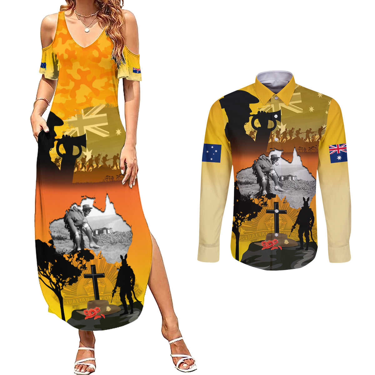 Australia ANZAC Day Couples Matching Summer Maxi Dress and Long Sleeve Button Shirt Gallipoli Lest We Forget
