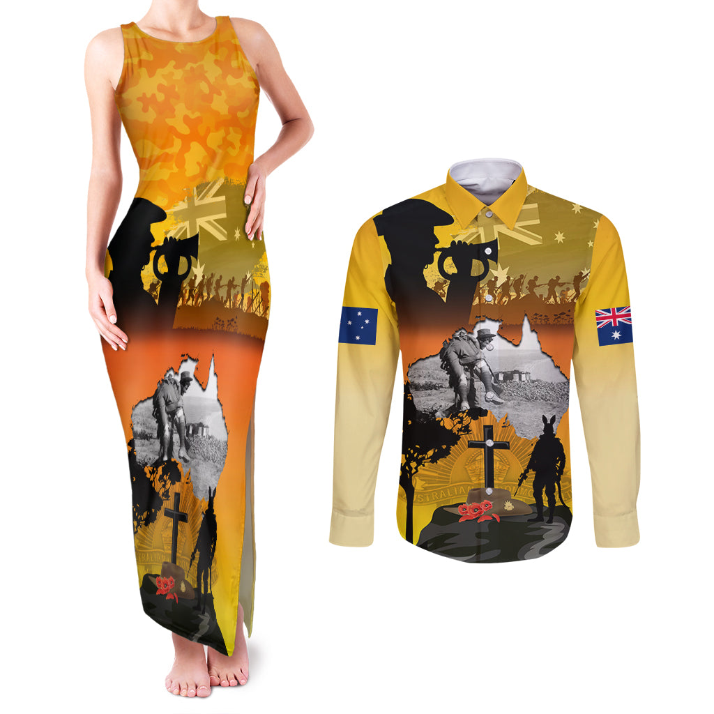 Australia ANZAC Day Couples Matching Tank Maxi Dress and Long Sleeve Button Shirt Gallipoli Lest We Forget