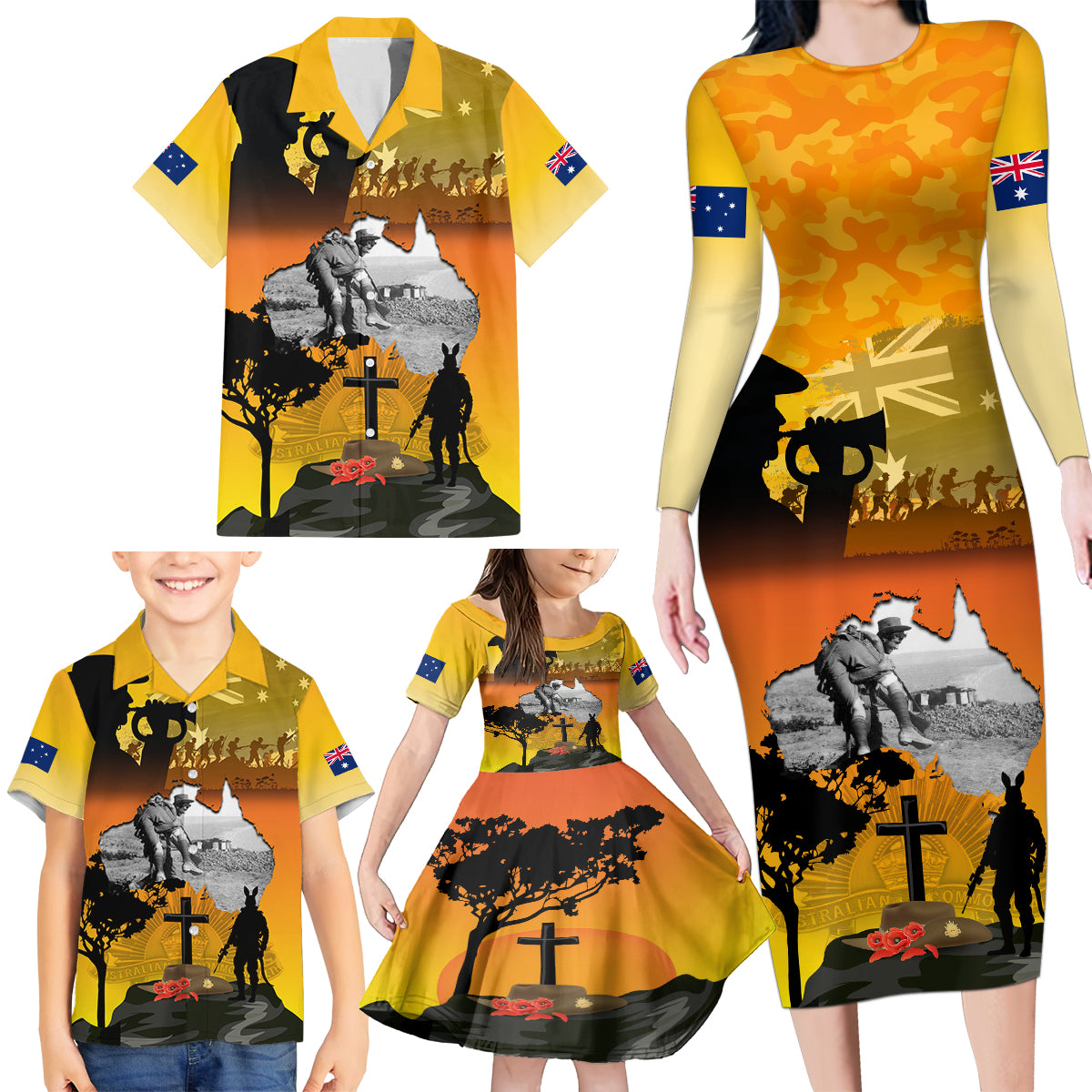 Australia ANZAC Day Family Matching Long Sleeve Bodycon Dress and Hawaiian Shirt Gallipoli Lest We Forget