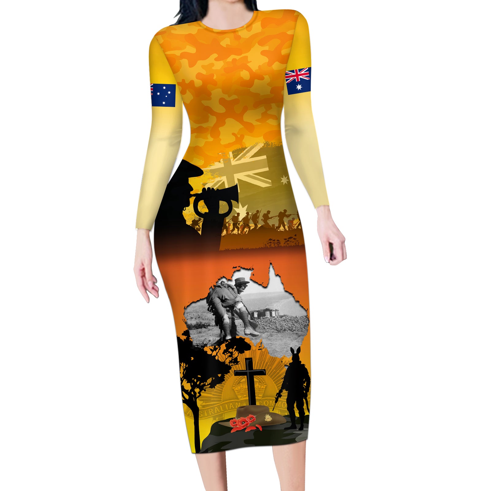 Australia ANZAC Day Long Sleeve Bodycon Dress Gallipoli Lest We Forget