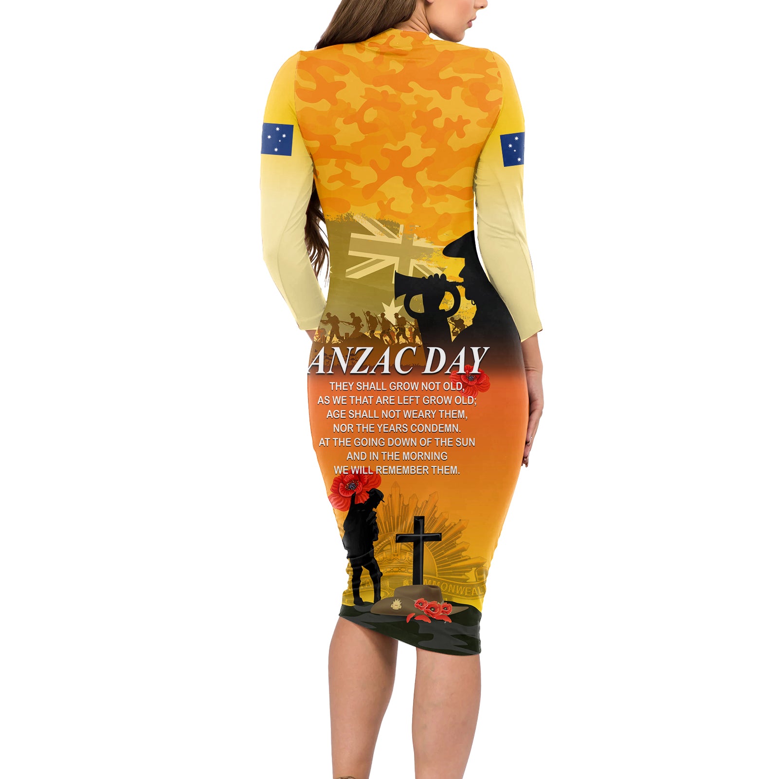 Australia ANZAC Day Long Sleeve Bodycon Dress Gallipoli Lest We Forget