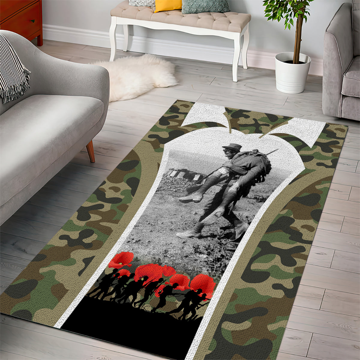 New Zealand and Australia ANZAC Day Area Rug Koala and Kiwi Bird Soldier Gallipoli Camouflage Style - Vibe Hoodie Shop