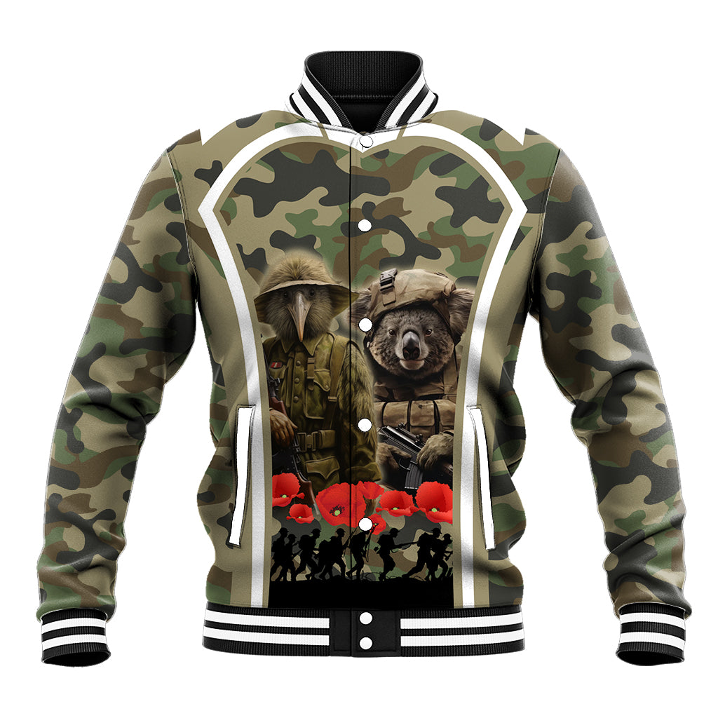 New Zealand and Australia ANZAC Day Baseball Jacket Koala and Kiwi Bird Soldier Gallipoli Camouflage Style - Vibe Hoodie Shop