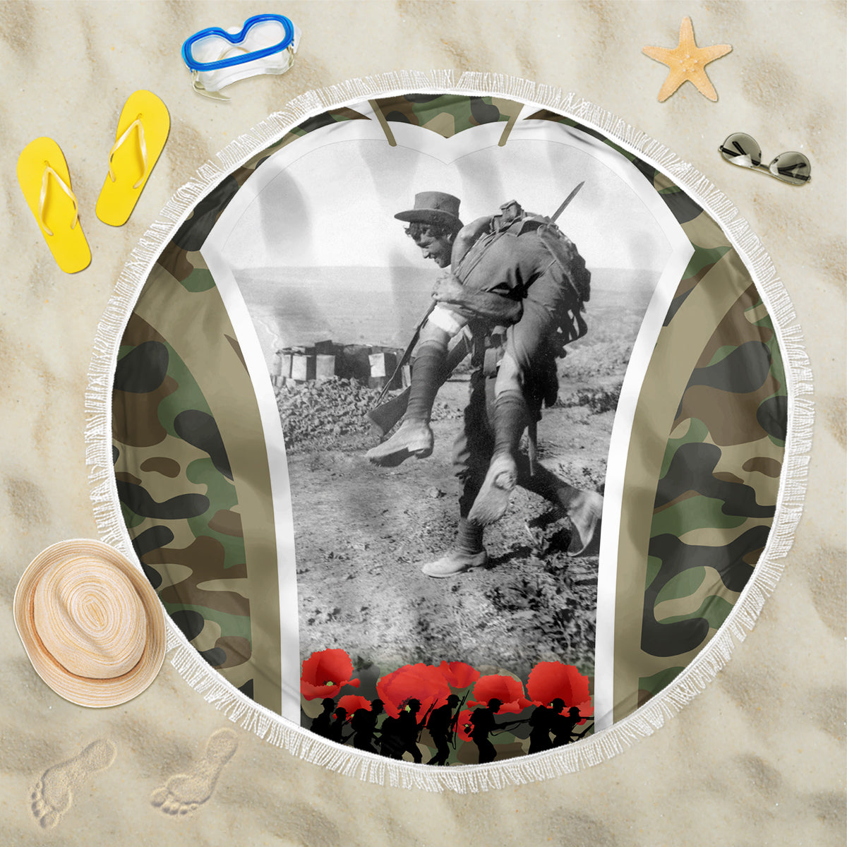 New Zealand and Australia ANZAC Day Beach Blanket Koala and Kiwi Bird Soldier Gallipoli Camouflage Style