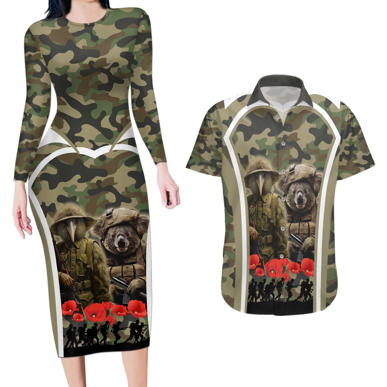 New Zealand and Australia ANZAC Day Couples Matching Long Sleeve Bodycon Dress and Hawaiian Shirt Koala and Kiwi Bird Soldier Gallipoli Camouflage Style
