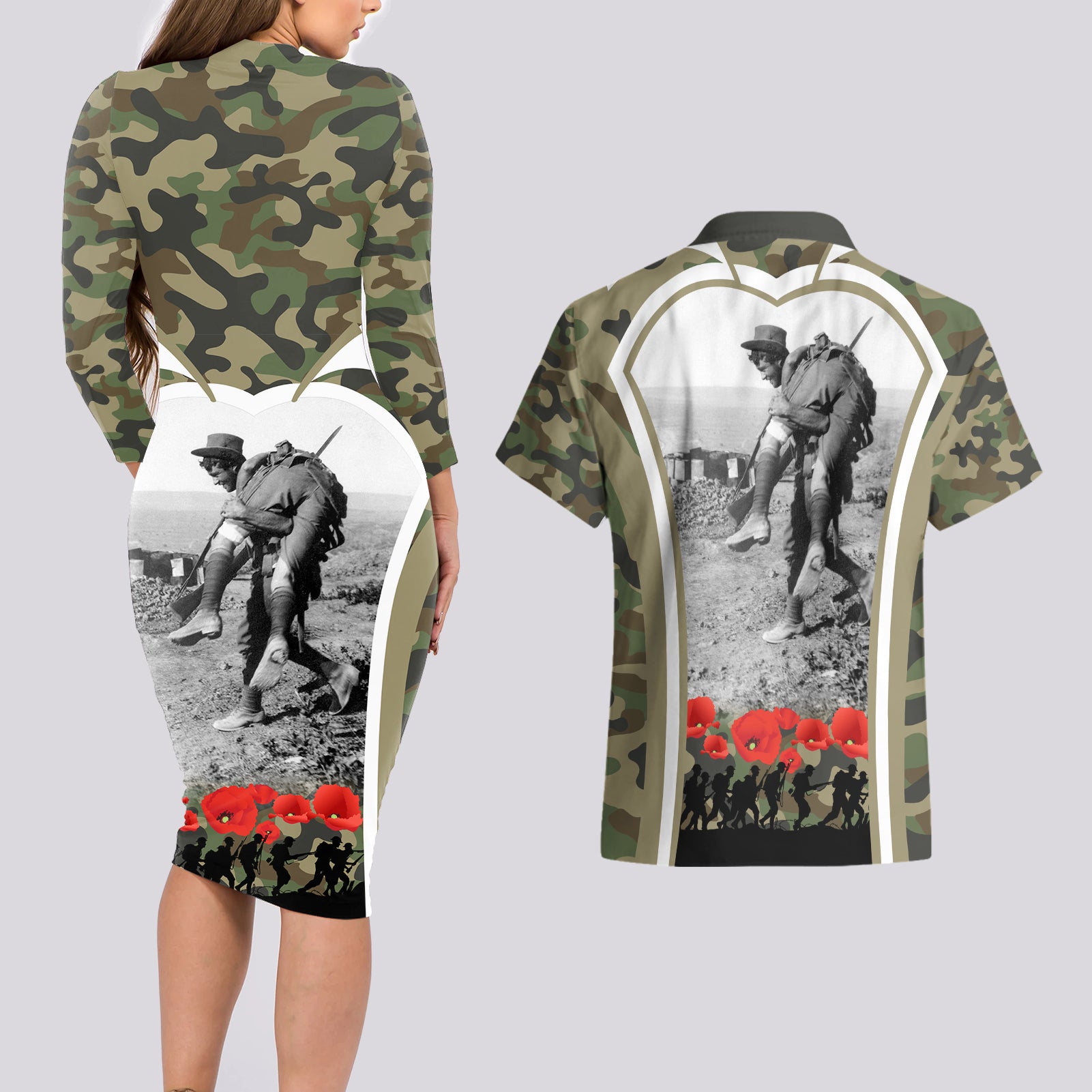New Zealand and Australia ANZAC Day Couples Matching Long Sleeve Bodycon Dress and Hawaiian Shirt Koala and Kiwi Bird Soldier Gallipoli Camouflage Style