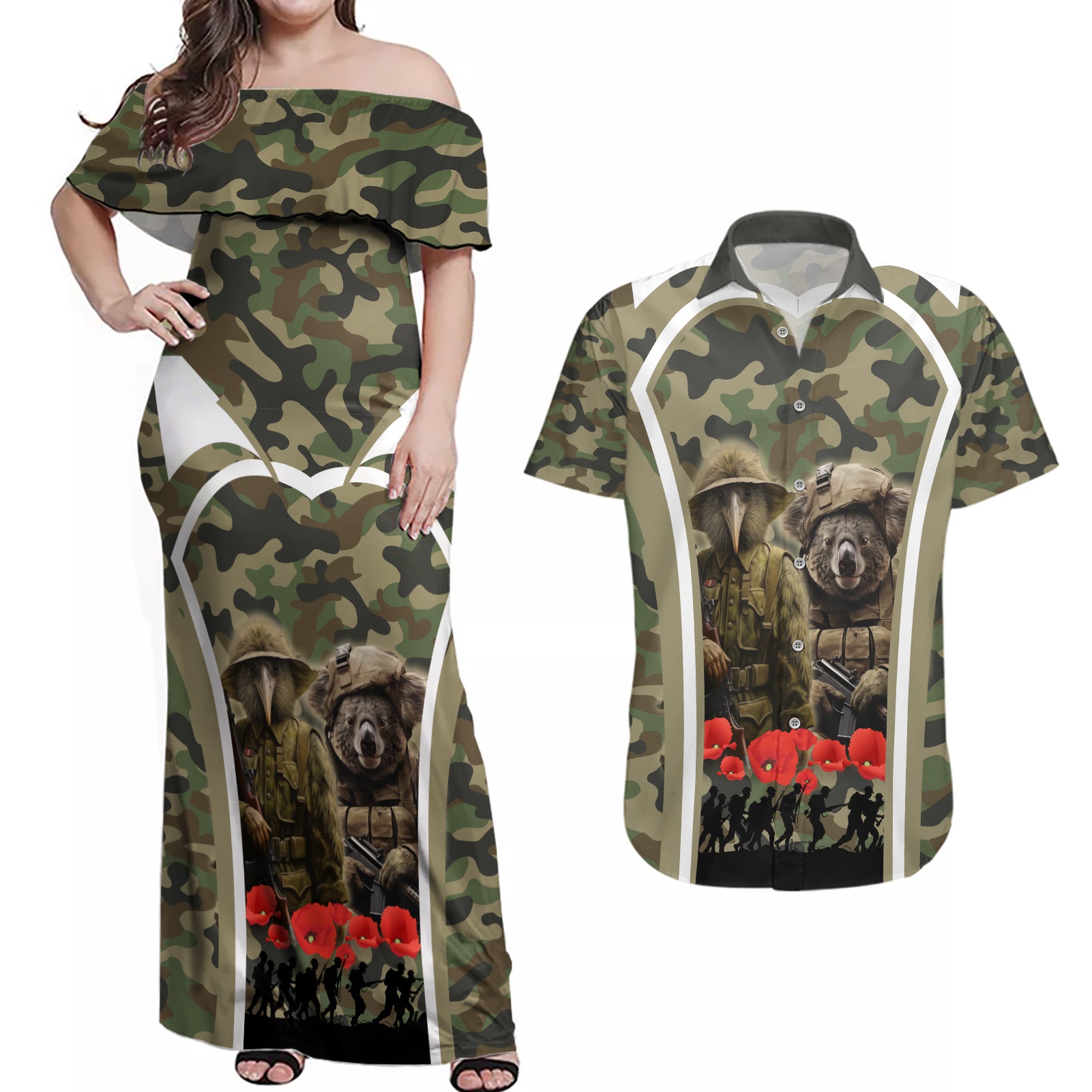 New Zealand and Australia ANZAC Day Couples Matching Off Shoulder Maxi Dress and Hawaiian Shirt Koala and Kiwi Bird Soldier Gallipoli Camouflage Style