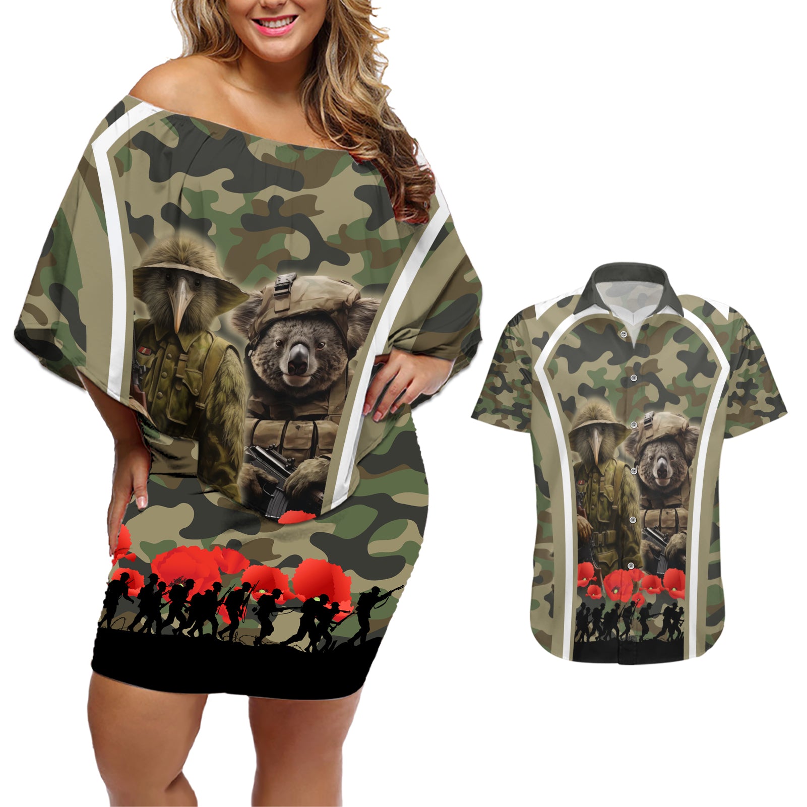 New Zealand and Australia ANZAC Day Couples Matching Off Shoulder Short Dress and Hawaiian Shirt Koala and Kiwi Bird Soldier Gallipoli Camouflage Style