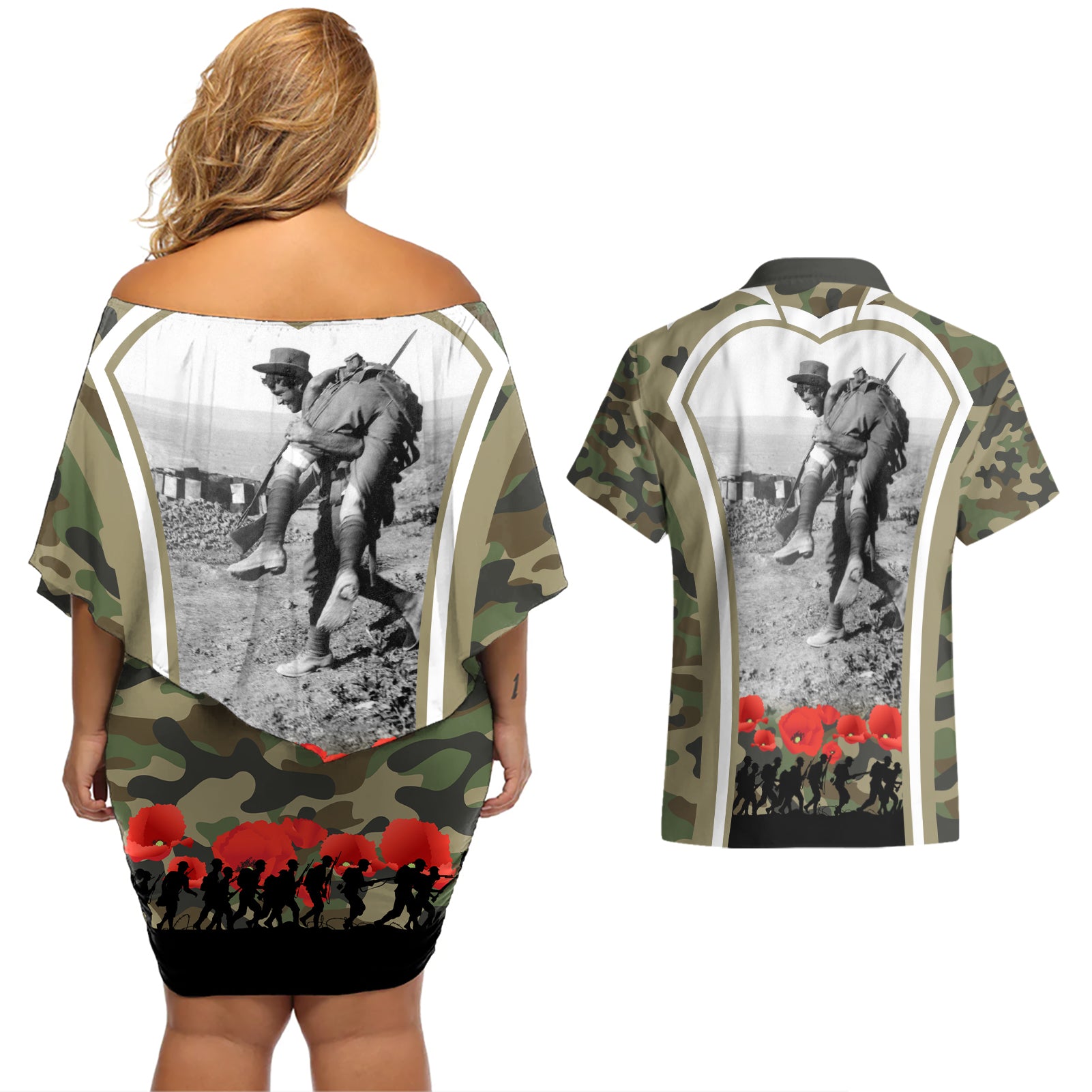 New Zealand and Australia ANZAC Day Couples Matching Off Shoulder Short Dress and Hawaiian Shirt Koala and Kiwi Bird Soldier Gallipoli Camouflage Style