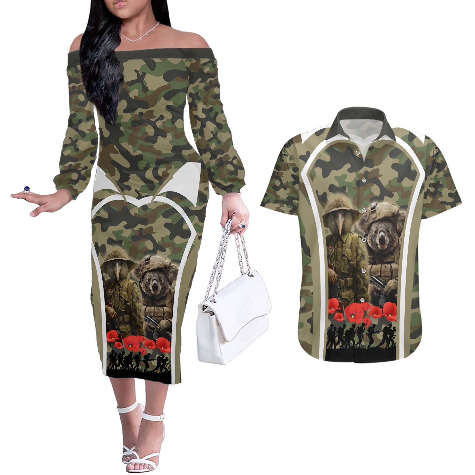 New Zealand and Australia ANZAC Day Couples Matching Off The Shoulder Long Sleeve Dress and Hawaiian Shirt Koala and Kiwi Bird Soldier Gallipoli Camouflage Style
