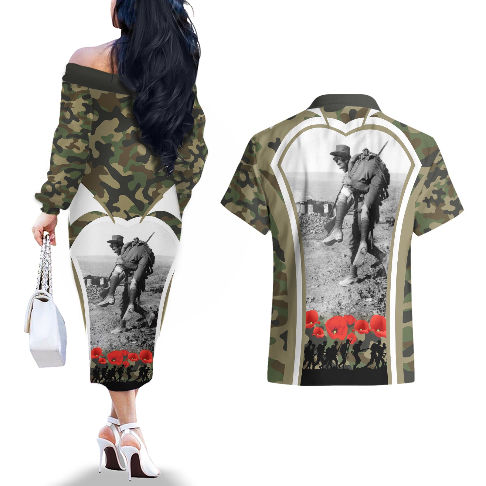 New Zealand and Australia ANZAC Day Couples Matching Off The Shoulder Long Sleeve Dress and Hawaiian Shirt Koala and Kiwi Bird Soldier Gallipoli Camouflage Style