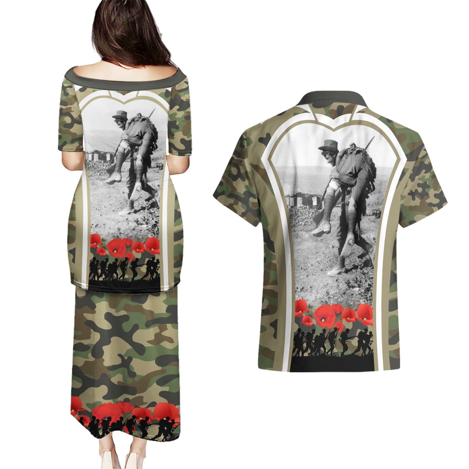New Zealand and Australia ANZAC Day Couples Matching Puletasi and Hawaiian Shirt Koala and Kiwi Bird Soldier Gallipoli Camouflage Style