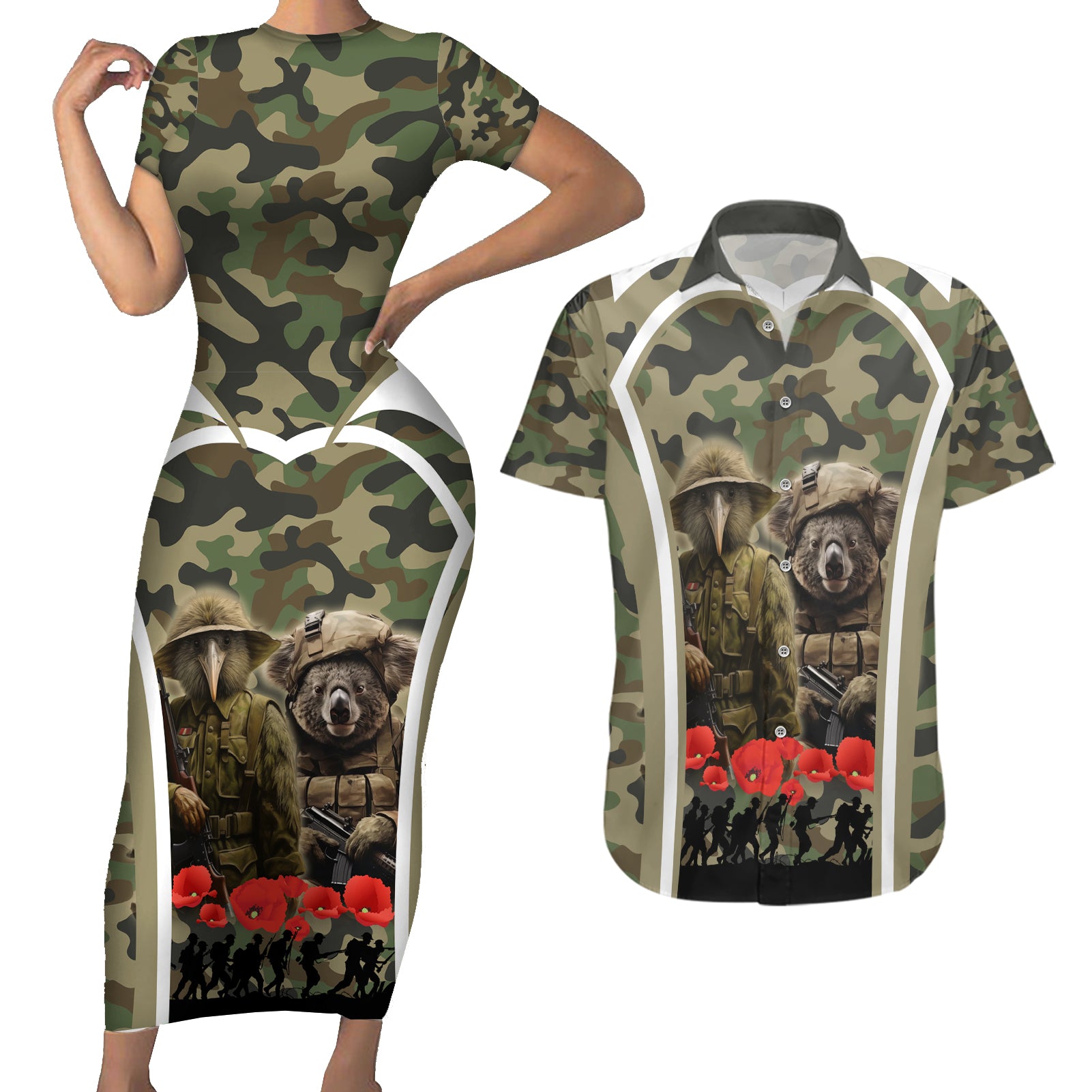 New Zealand and Australia ANZAC Day Couples Matching Short Sleeve Bodycon Dress and Hawaiian Shirt Koala and Kiwi Bird Soldier Gallipoli Camouflage Style