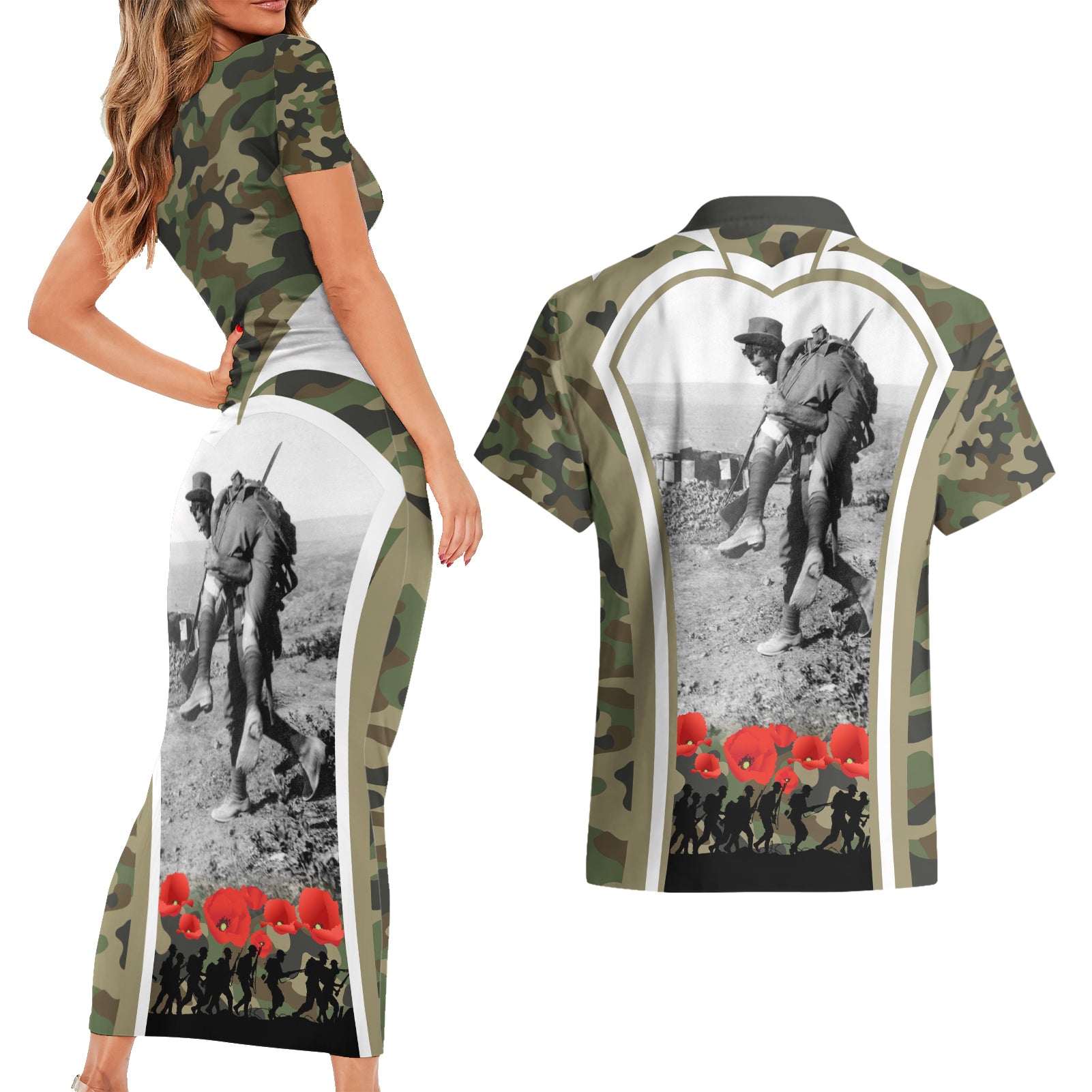 New Zealand and Australia ANZAC Day Couples Matching Short Sleeve Bodycon Dress and Hawaiian Shirt Koala and Kiwi Bird Soldier Gallipoli Camouflage Style