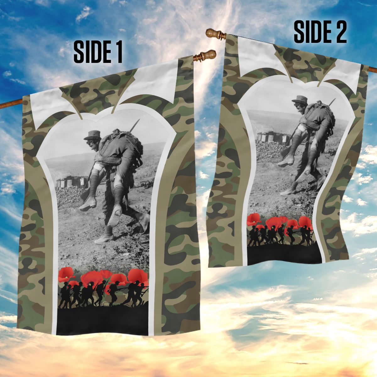 New Zealand and Australia ANZAC Day Garden Flag Koala and Kiwi Bird Soldier Gallipoli Camouflage Style - Vibe Hoodie Shop