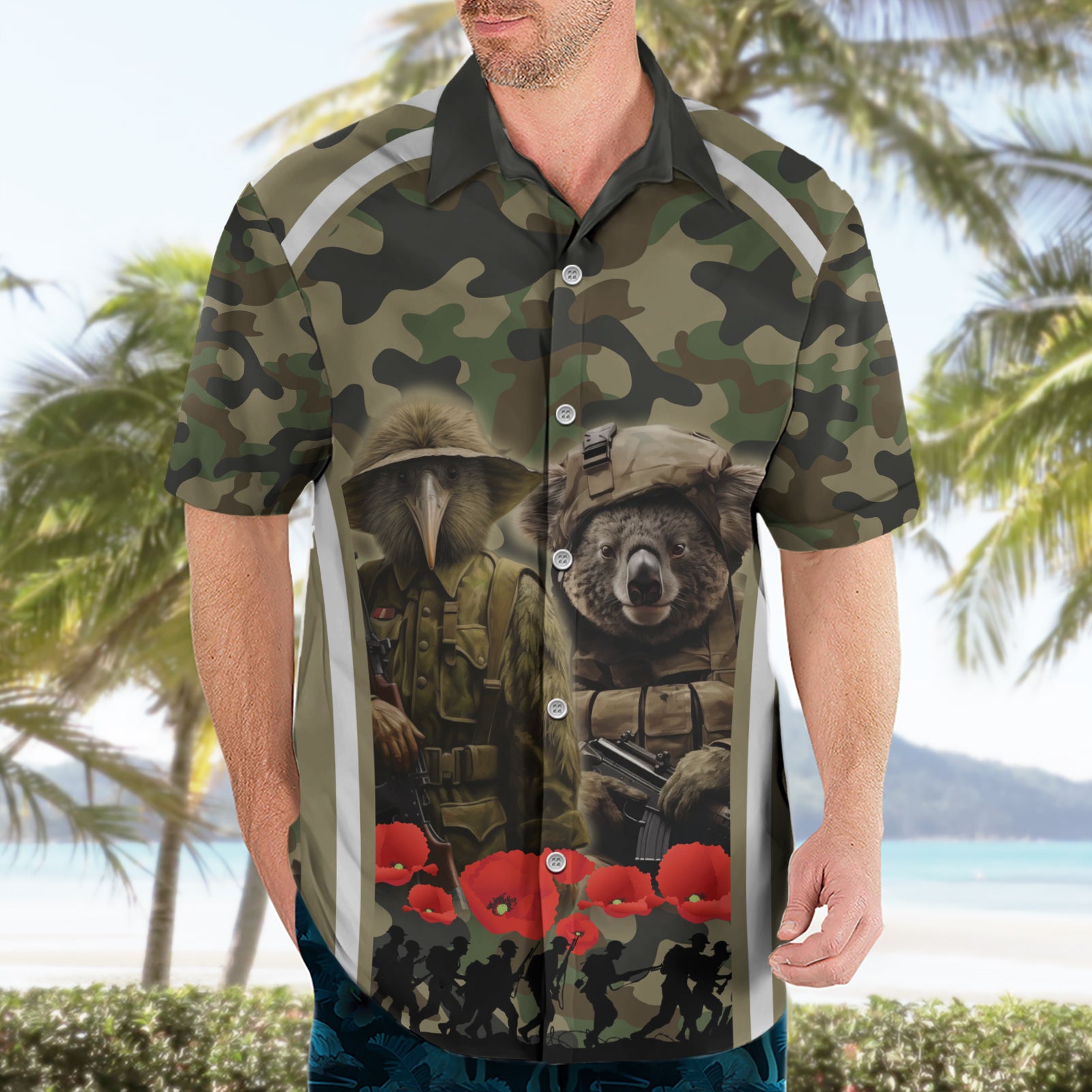 New Zealand and Australia ANZAC Day Hawaiian Shirt Koala and Kiwi Bird Soldier Gallipoli Camouflage Style - Vibe Hoodie Shop