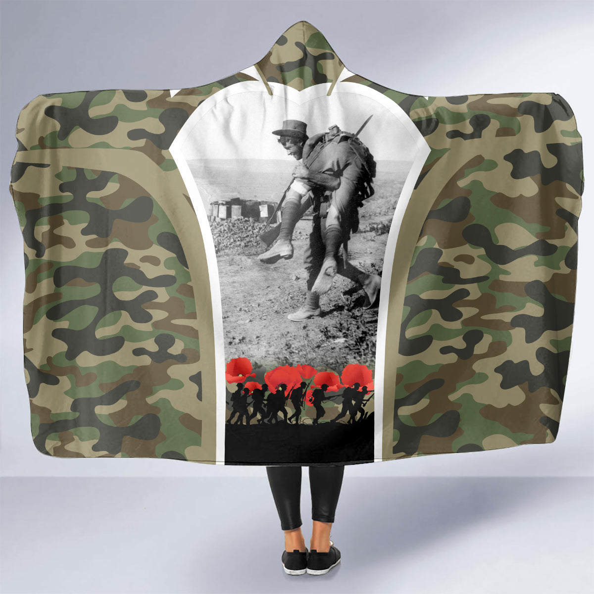 New Zealand and Australia ANZAC Day Hooded Blanket Koala and Kiwi Bird Soldier Gallipoli Camouflage Style