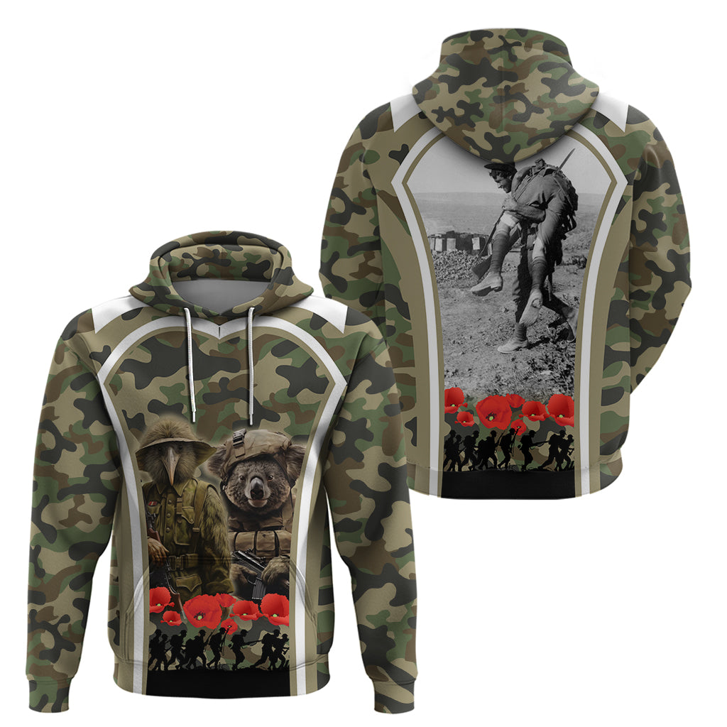 New Zealand and Australia ANZAC Day Hoodie Koala and Kiwi Bird Soldier Gallipoli Camouflage Style - Vibe Hoodie Shop