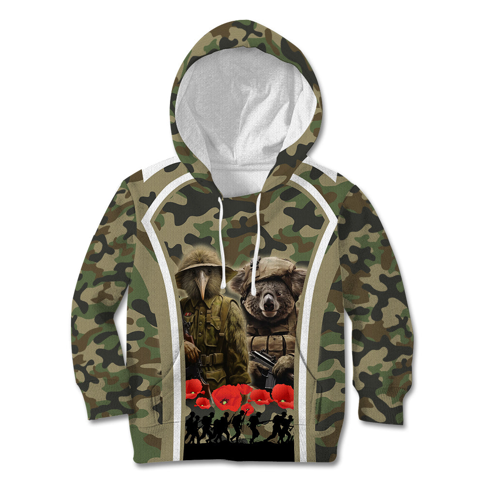 New Zealand and Australia ANZAC Day Kid Hoodie Koala and Kiwi Bird Soldier Gallipoli Camouflage Style - Vibe Hoodie Shop