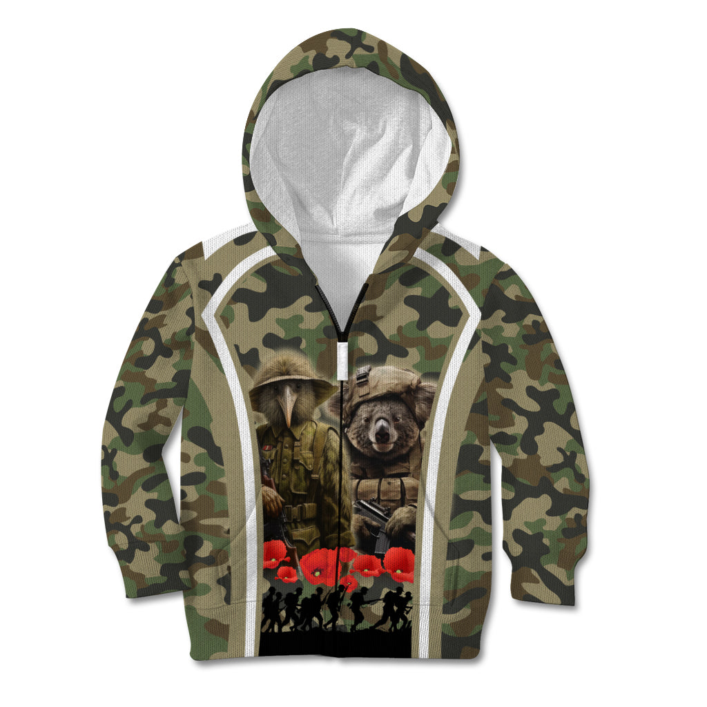 New Zealand and Australia ANZAC Day Kid Hoodie Koala and Kiwi Bird Soldier Gallipoli Camouflage Style - Vibe Hoodie Shop