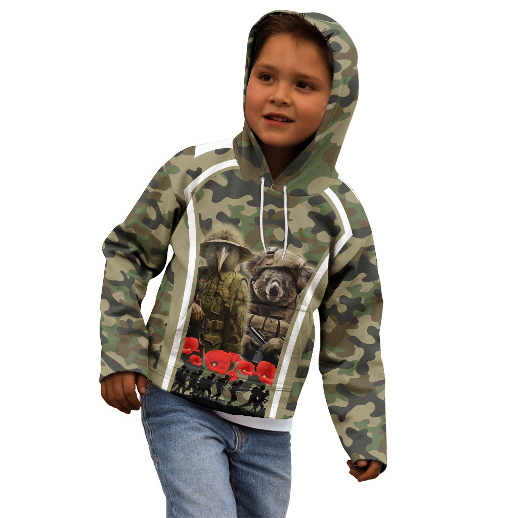New Zealand and Australia ANZAC Day Kid Hoodie Koala and Kiwi Bird Soldier Gallipoli Camouflage Style - Vibe Hoodie Shop