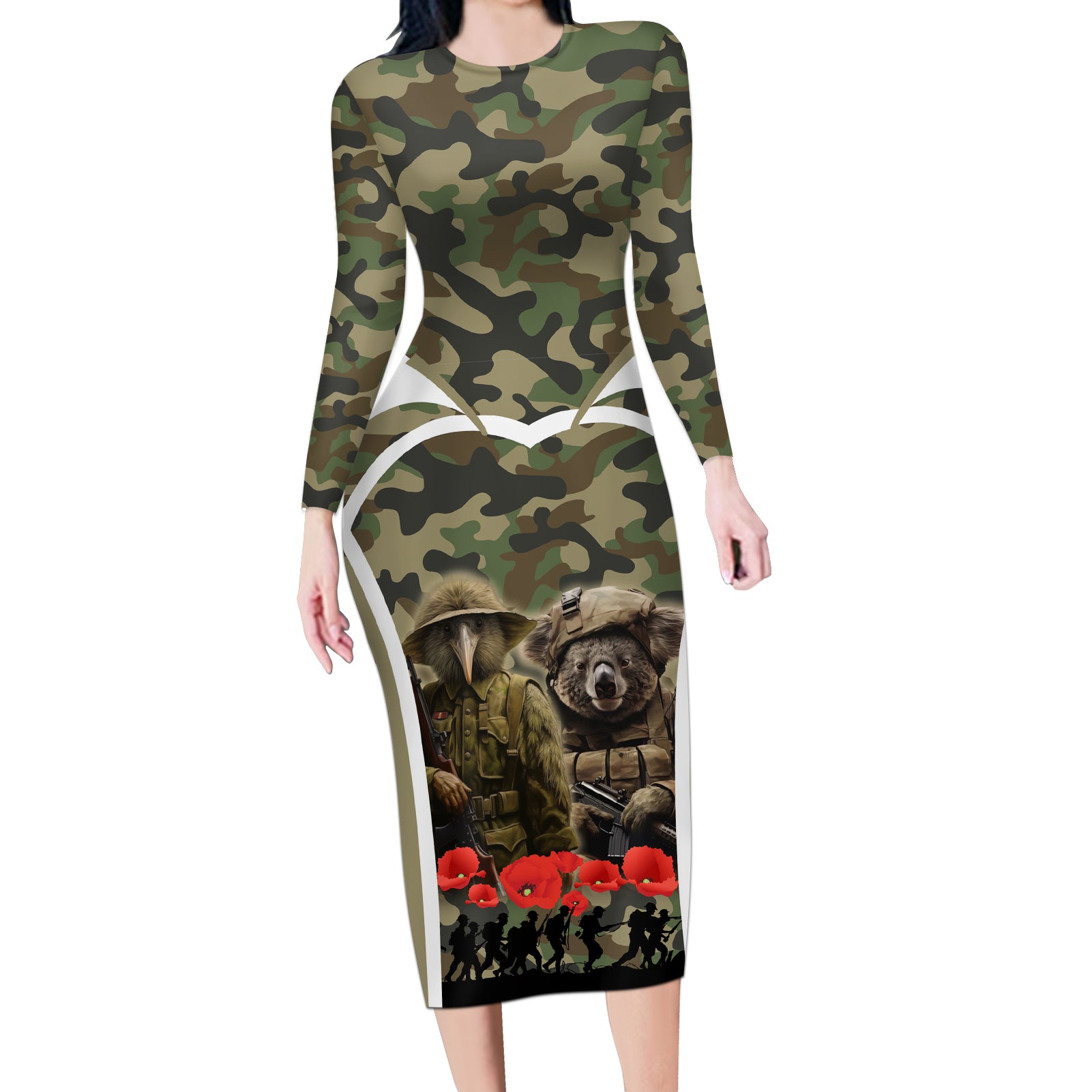 New Zealand and Australia ANZAC Day Long Sleeve Bodycon Dress Koala and Kiwi Bird Soldier Gallipoli Camouflage Style