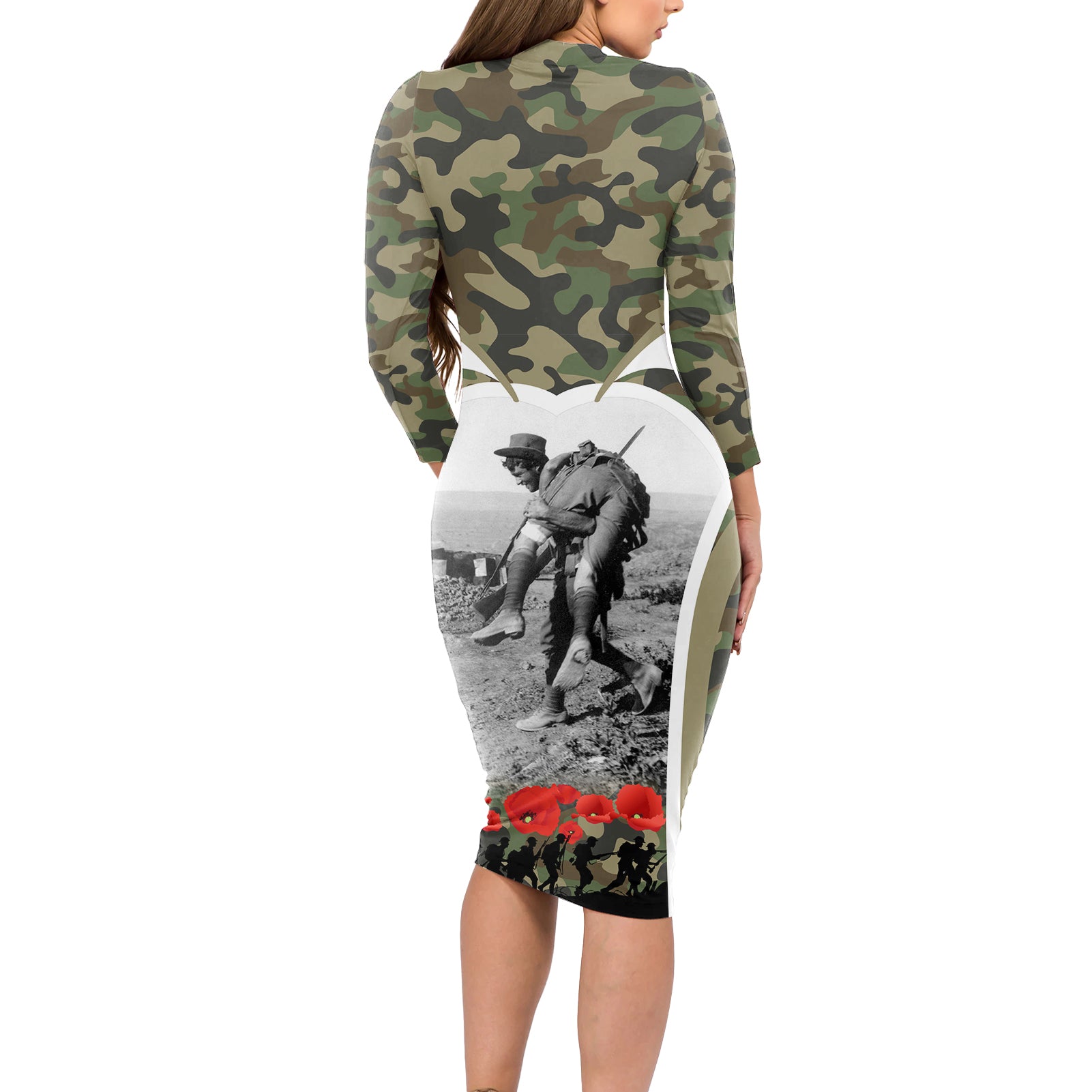 New Zealand and Australia ANZAC Day Long Sleeve Bodycon Dress Koala and Kiwi Bird Soldier Gallipoli Camouflage Style