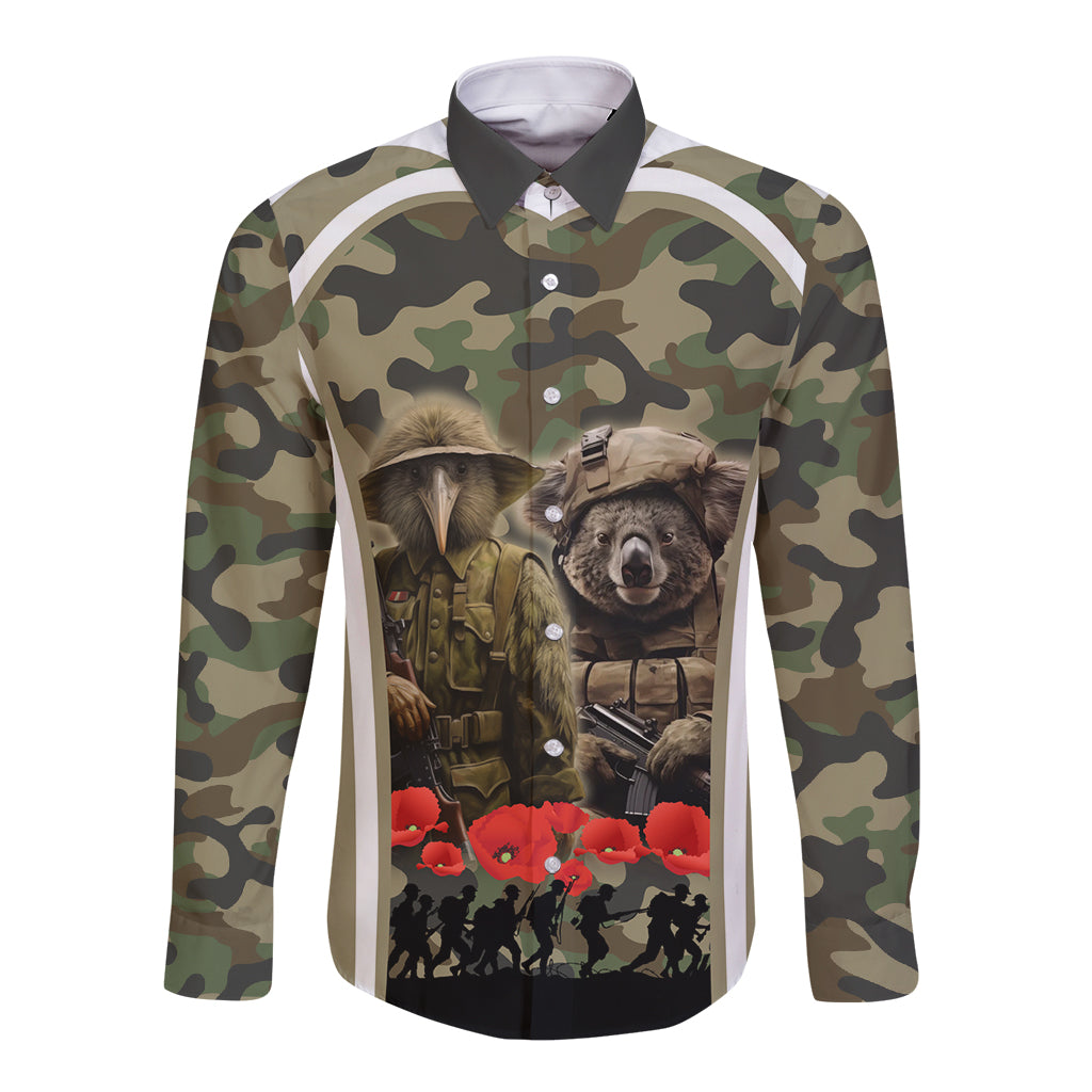 New Zealand and Australia ANZAC Day Long Sleeve Button Shirt Koala and Kiwi Bird Soldier Gallipoli Camouflage Style - Vibe Hoodie Shop