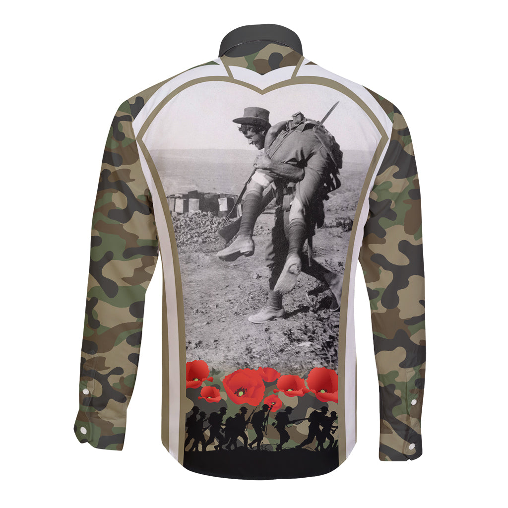 New Zealand and Australia ANZAC Day Long Sleeve Button Shirt Koala and Kiwi Bird Soldier Gallipoli Camouflage Style - Vibe Hoodie Shop
