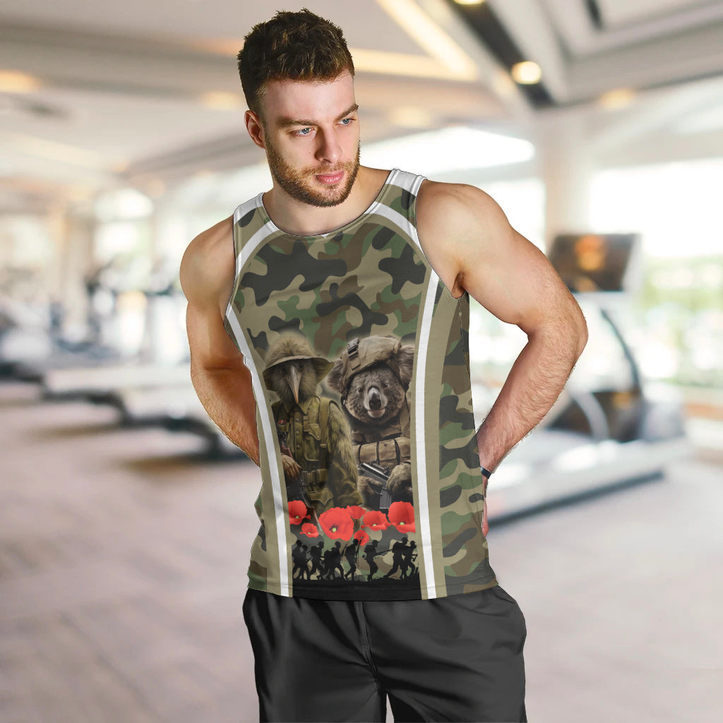 New Zealand and Australia ANZAC Day Men Tank Top Koala and Kiwi Bird Soldier Gallipoli Camouflage Style - Vibe Hoodie Shop