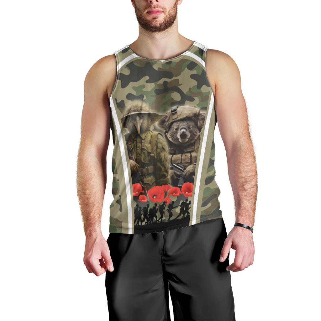 New Zealand and Australia ANZAC Day Men Tank Top Koala and Kiwi Bird Soldier Gallipoli Camouflage Style - Vibe Hoodie Shop