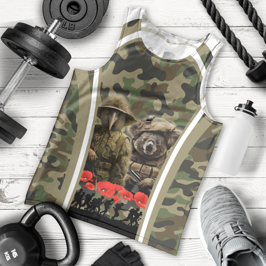 New Zealand and Australia ANZAC Day Men Tank Top Koala and Kiwi Bird Soldier Gallipoli Camouflage Style - Vibe Hoodie Shop