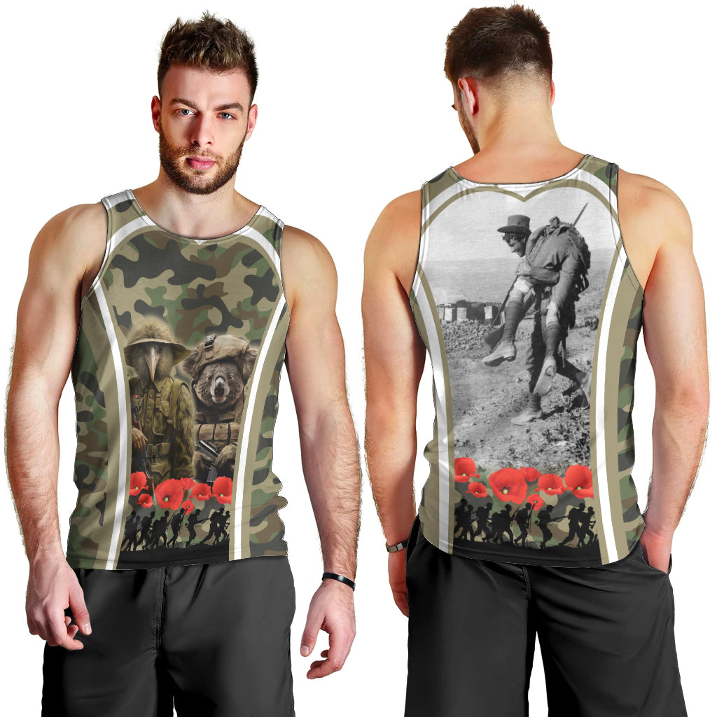 New Zealand and Australia ANZAC Day Men Tank Top Koala and Kiwi Bird Soldier Gallipoli Camouflage Style - Vibe Hoodie Shop