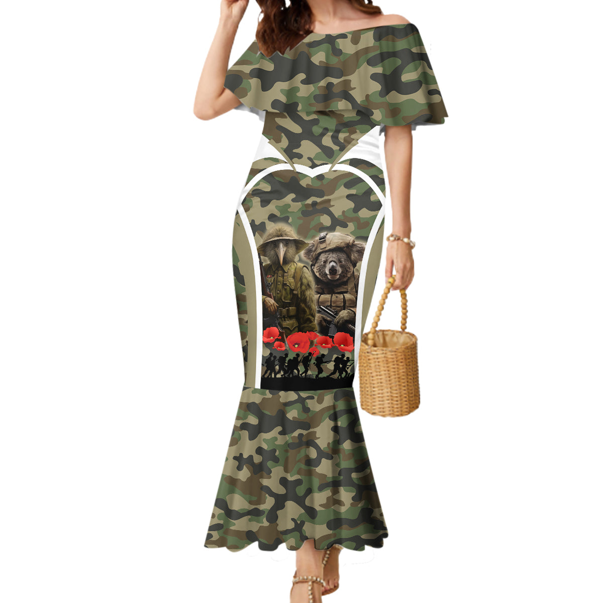 New Zealand and Australia ANZAC Day Mermaid Dress Koala and Kiwi Bird Soldier Gallipoli Camouflage Style