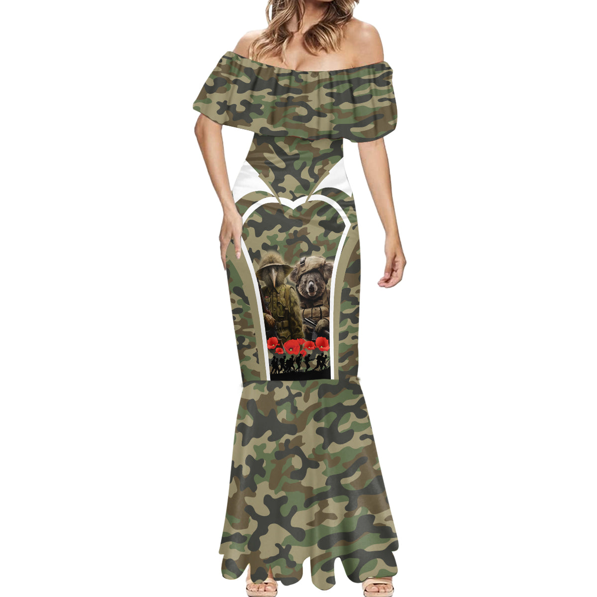 New Zealand and Australia ANZAC Day Mermaid Dress Koala and Kiwi Bird Soldier Gallipoli Camouflage Style