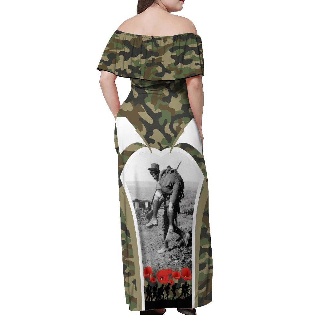New Zealand and Australia ANZAC Day Off Shoulder Maxi Dress Koala and Kiwi Bird Soldier Gallipoli Camouflage Style
