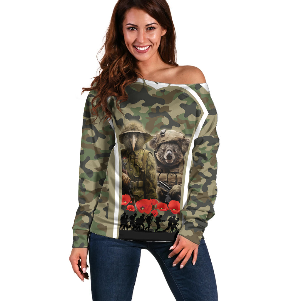 New Zealand and Australia ANZAC Day Off Shoulder Sweater Koala and Kiwi Bird Soldier Gallipoli Camouflage Style - Vibe Hoodie Shop