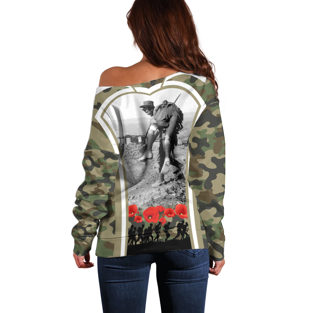 New Zealand and Australia ANZAC Day Off Shoulder Sweater Koala and Kiwi Bird Soldier Gallipoli Camouflage Style - Vibe Hoodie Shop