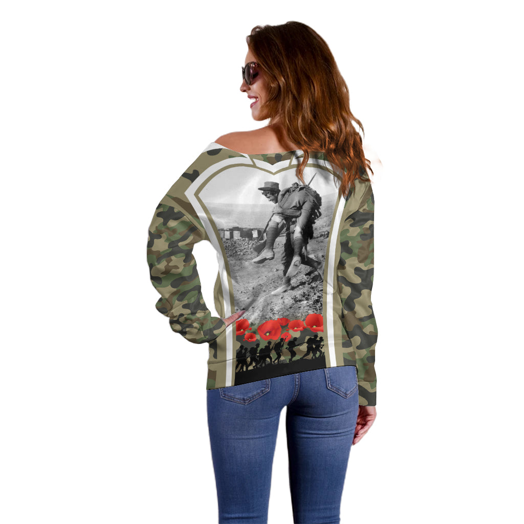 New Zealand and Australia ANZAC Day Off Shoulder Sweater Koala and Kiwi Bird Soldier Gallipoli Camouflage Style - Vibe Hoodie Shop