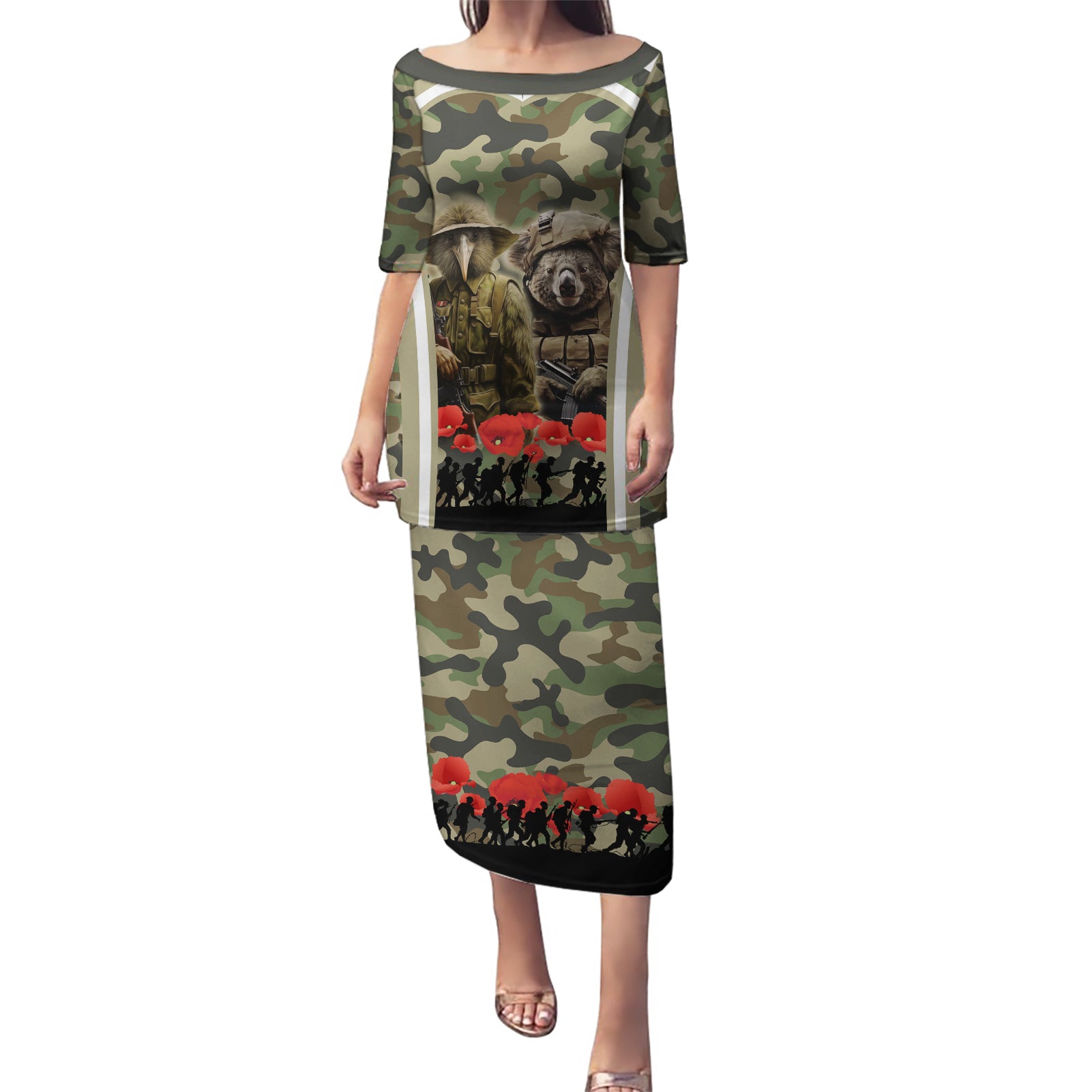 New Zealand and Australia ANZAC Day Puletasi Koala and Kiwi Bird Soldier Gallipoli Camouflage Style