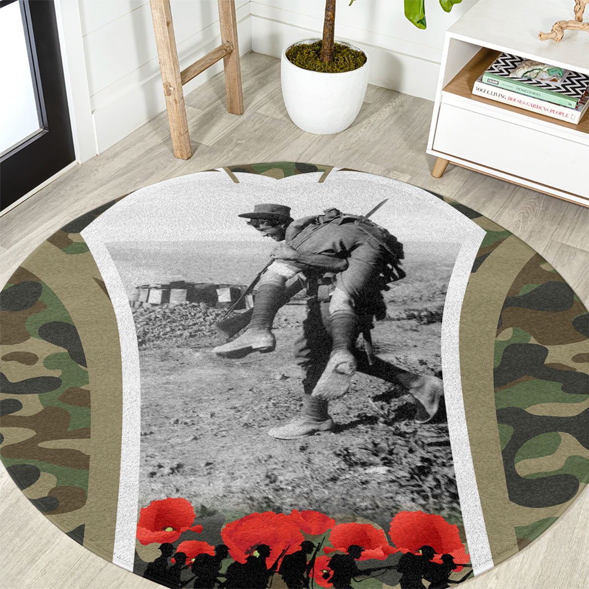 New Zealand and Australia ANZAC Day Round Carpet Koala and Kiwi Bird Soldier Gallipoli Camouflage Style