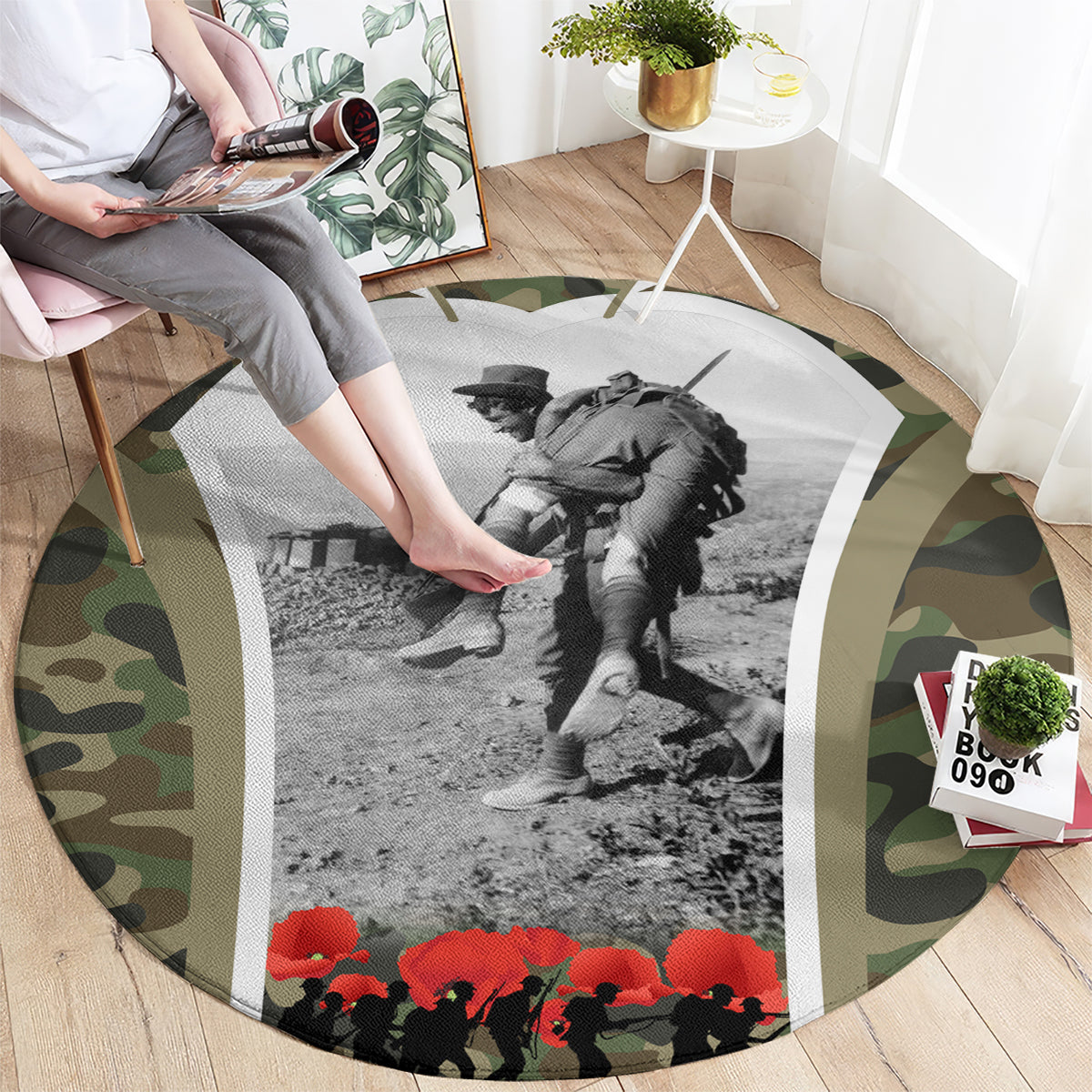 New Zealand and Australia ANZAC Day Round Carpet Koala and Kiwi Bird Soldier Gallipoli Camouflage Style