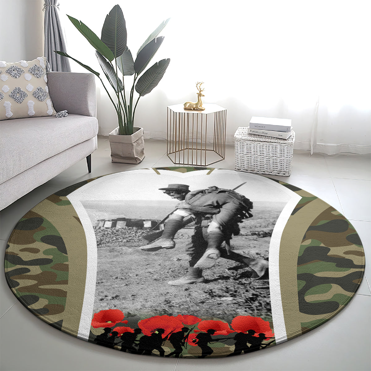 New Zealand and Australia ANZAC Day Round Carpet Koala and Kiwi Bird Soldier Gallipoli Camouflage Style