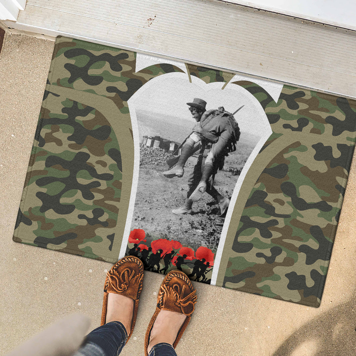 New Zealand and Australia ANZAC Day Rubber Doormat Koala and Kiwi Bird Soldier Gallipoli Camouflage Style