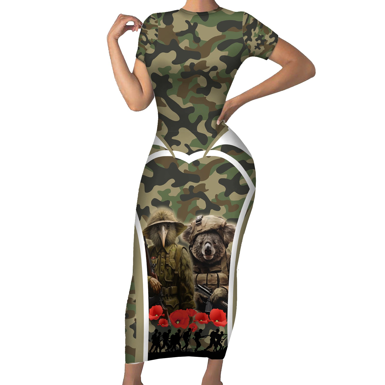 New Zealand and Australia ANZAC Day Short Sleeve Bodycon Dress Koala and Kiwi Bird Soldier Gallipoli Camouflage Style