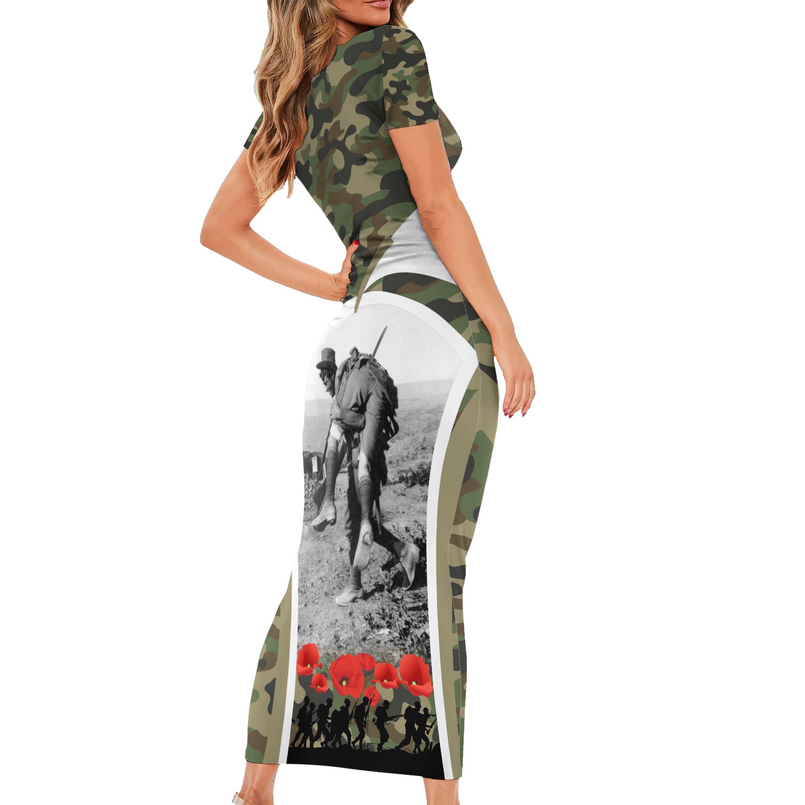 New Zealand and Australia ANZAC Day Short Sleeve Bodycon Dress Koala and Kiwi Bird Soldier Gallipoli Camouflage Style