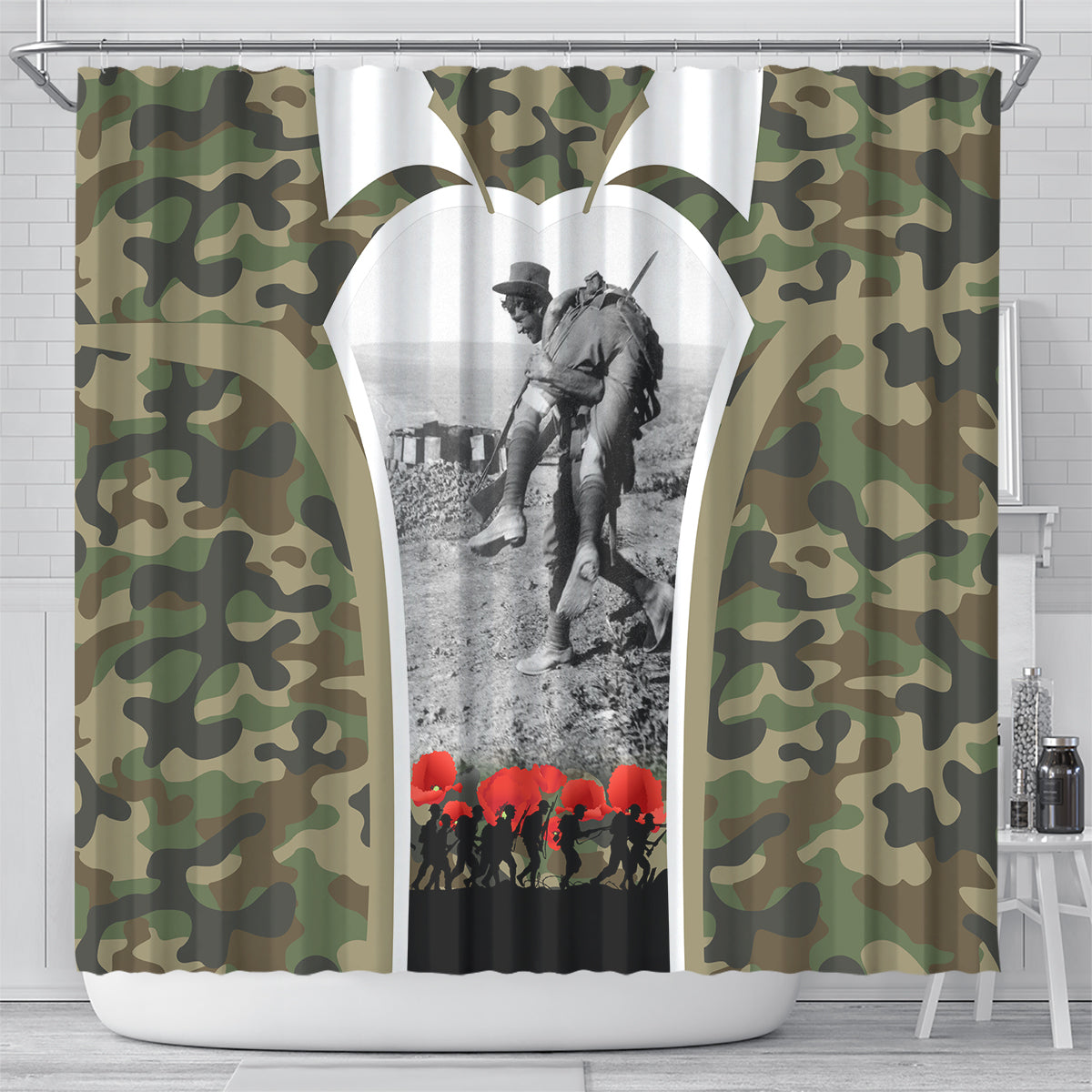 New Zealand and Australia ANZAC Day Shower Curtain Koala and Kiwi Bird Soldier Gallipoli Camouflage Style