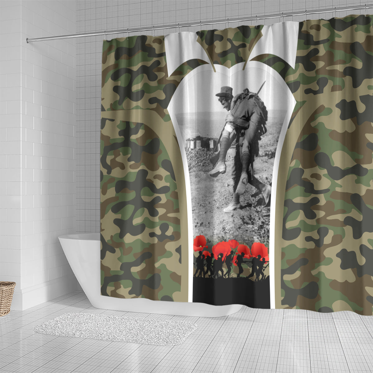 New Zealand and Australia ANZAC Day Shower Curtain Koala and Kiwi Bird Soldier Gallipoli Camouflage Style