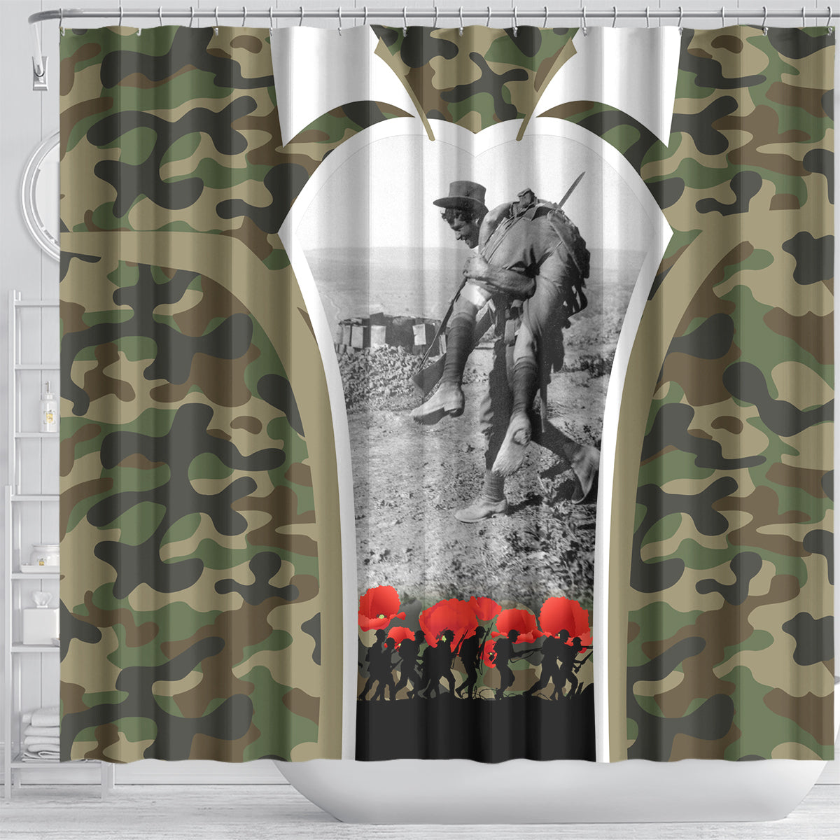 New Zealand and Australia ANZAC Day Shower Curtain Koala and Kiwi Bird Soldier Gallipoli Camouflage Style