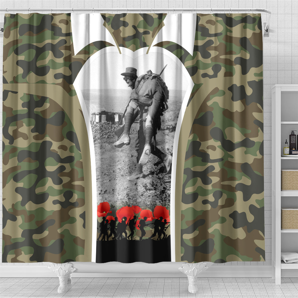New Zealand and Australia ANZAC Day Shower Curtain Koala and Kiwi Bird Soldier Gallipoli Camouflage Style